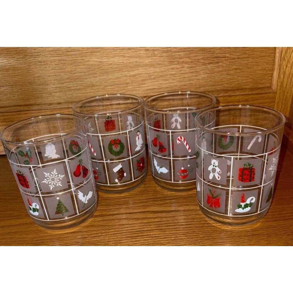 Vintage Libby Christmas Glasses Frosted Panel Low Ball 4" Whiskey Eggnog Set - Picture 2 of 5
